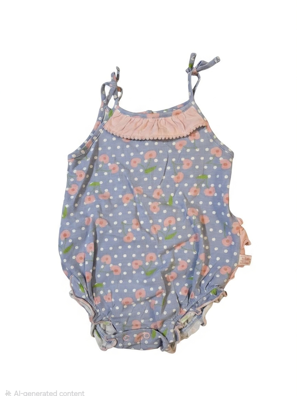 RuffleButts Baby Girl Blue Polka Dot Floral Bubble Romper 6-12M